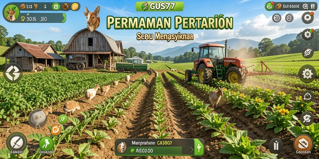 Screenshot utama GUS77 yang menunjukkan gameplay seru di pertanian.