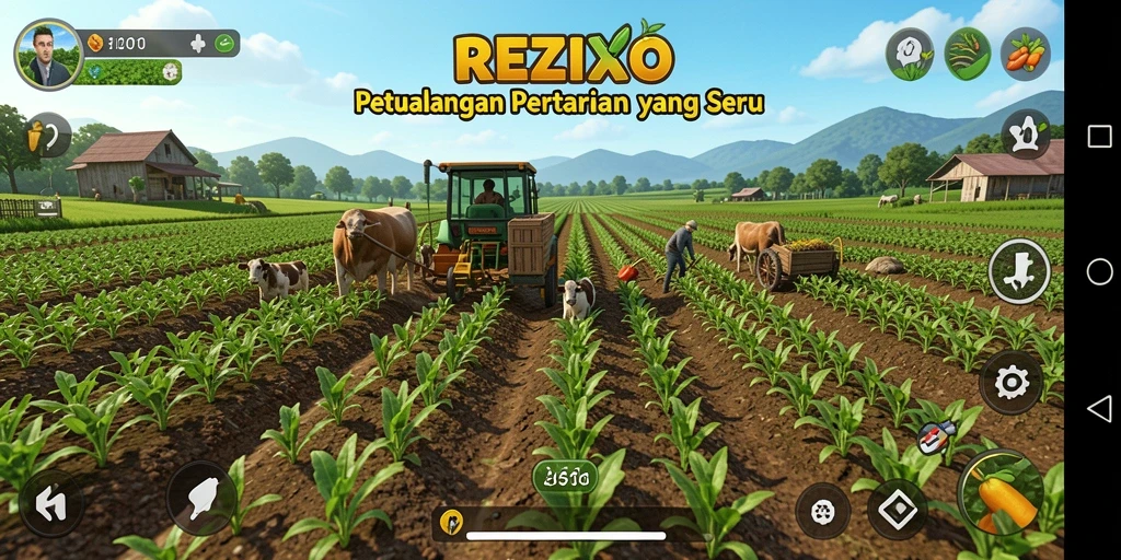 Tampilan gameplay REZIXO yang menarik saat bertani di ladang luas.