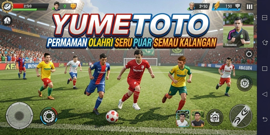 Screenshot gameplay YUMETOTO menunjukkan aksi seru di arena olahraga.