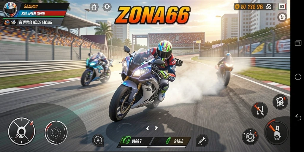 Gameplay menegangkan di ZONA66 dengan balapan motor yang seru.